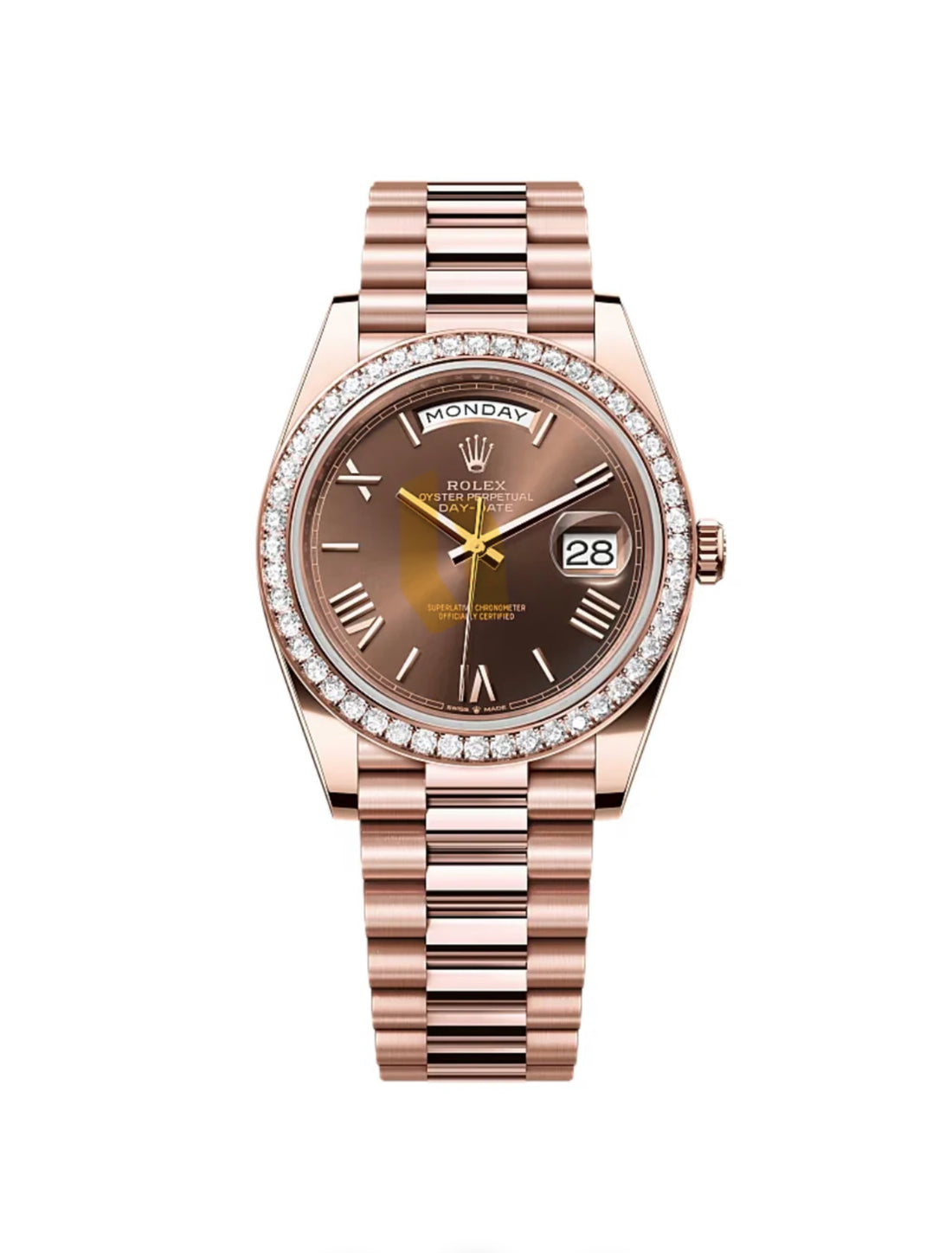 ROLEX DAY-DATE 40 CHOCOLATE ROMAN NUMERAL DIAL FACTORY DIAMOND BEZEL