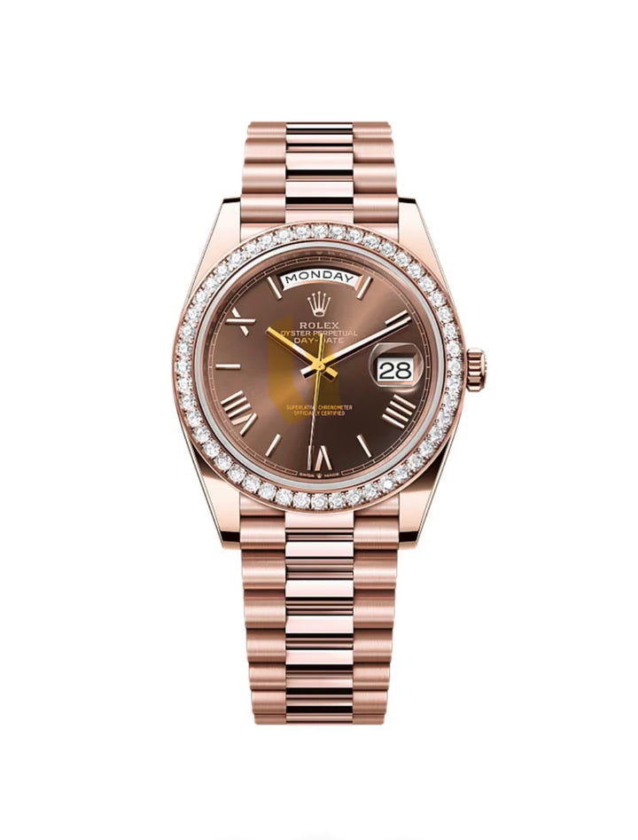 ROLEX DAY-DATE 40 CHOCOLATE ROMAN NUMERAL DIAL FACTORY DIAMOND BEZEL