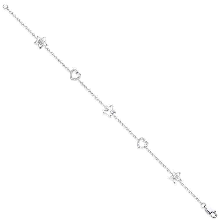 9ct White Gold Hearts & Stars Diamond Bracelet