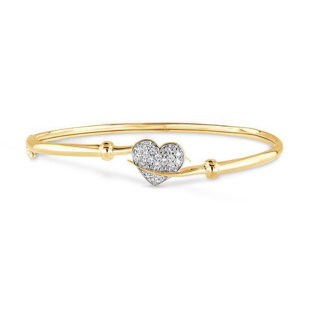 9ct Yellow Gold Gem-Set Heart Bangle - 6.5" - Ladies