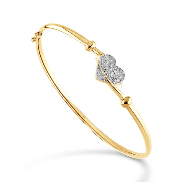 9ct Yellow Gold Gem-Set Heart Bangle - 6.5" - Ladies