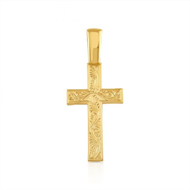 9ct Yellow Gold Ornate Patterned Solid Classic Cross Pendant