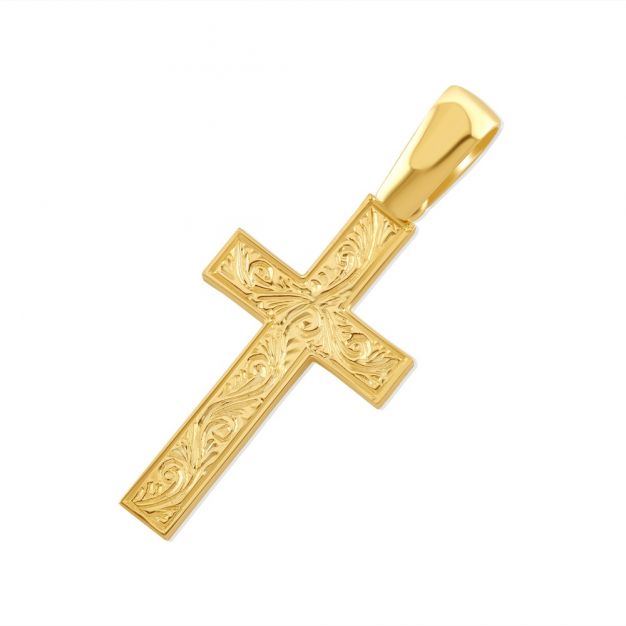 9ct Yellow Gold Ornate Patterned Solid Classic Cross Pendant